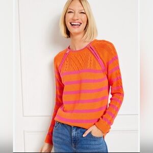 Talbots Cable Knit Zip Detail Sweater - Fisherman Stripe Orange & Pink - Size M
